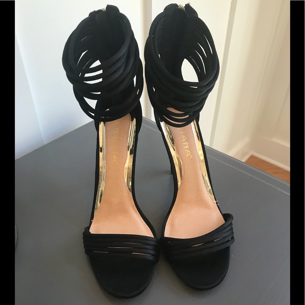 Liliana Ankle Cuff Strappy Heels, black satin